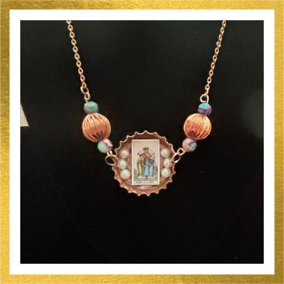Hand Crafted BOTTLE CAP Pendant TAROT CARD Beaded Necklace - Picture 1 of 1